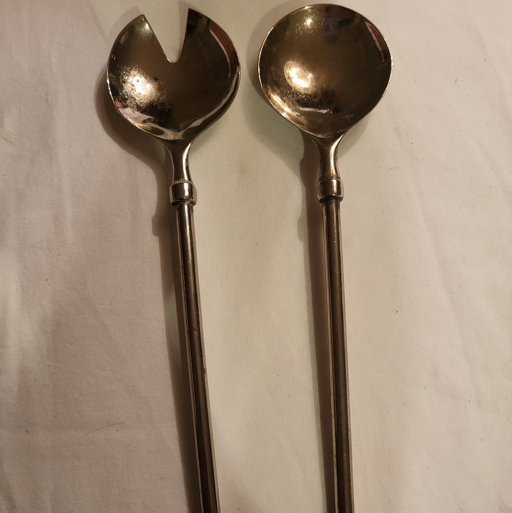 Mid Century Modern MCM Chrome Slim Round Handled Serving Fork & Spoon Se…